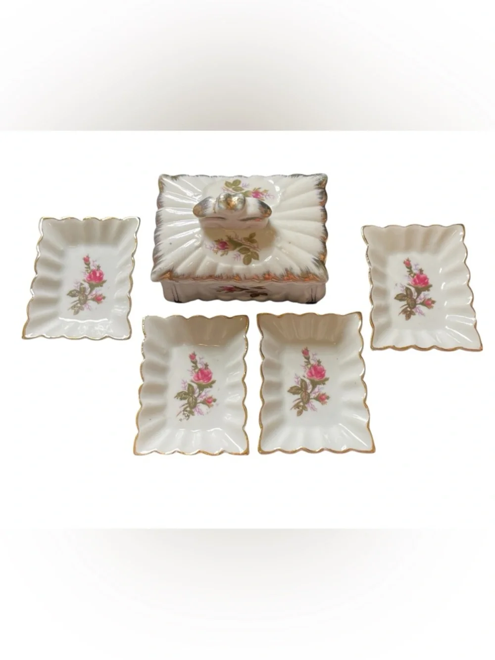 Vtg Porcelain Floral Trinket Dishes & Box Del Coronado Nasco Japan Moss Rose
